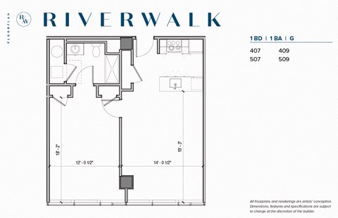 Floor plan for 1 bed, 1 bath, 790 sqft